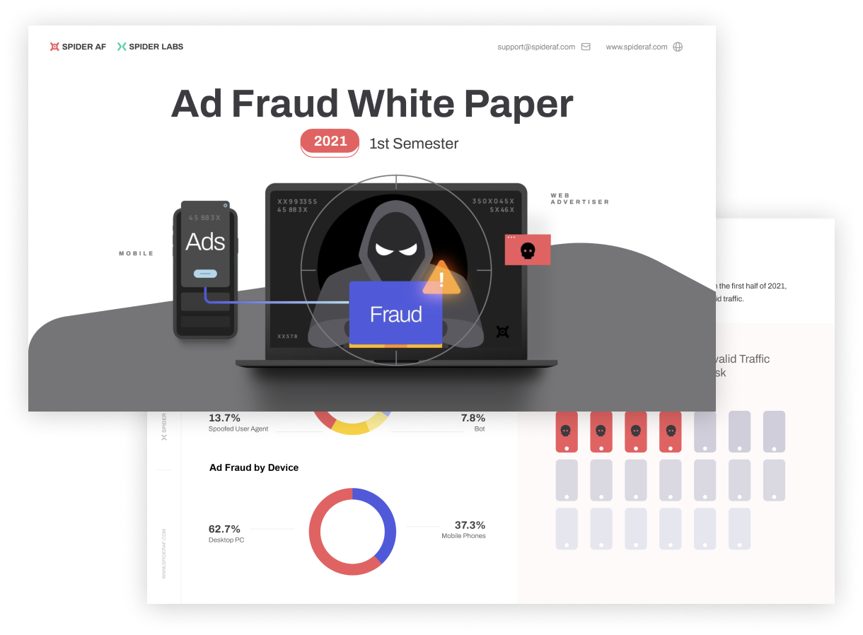 Flat illustration art of ad fraud white paper cover with mobile and laptop ad fraud image and sneekpeak of white paper details in second image